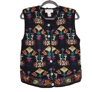Vintage Women's M Sweater Vest Cardigan Granny Core Cottage Core Black Multicolo